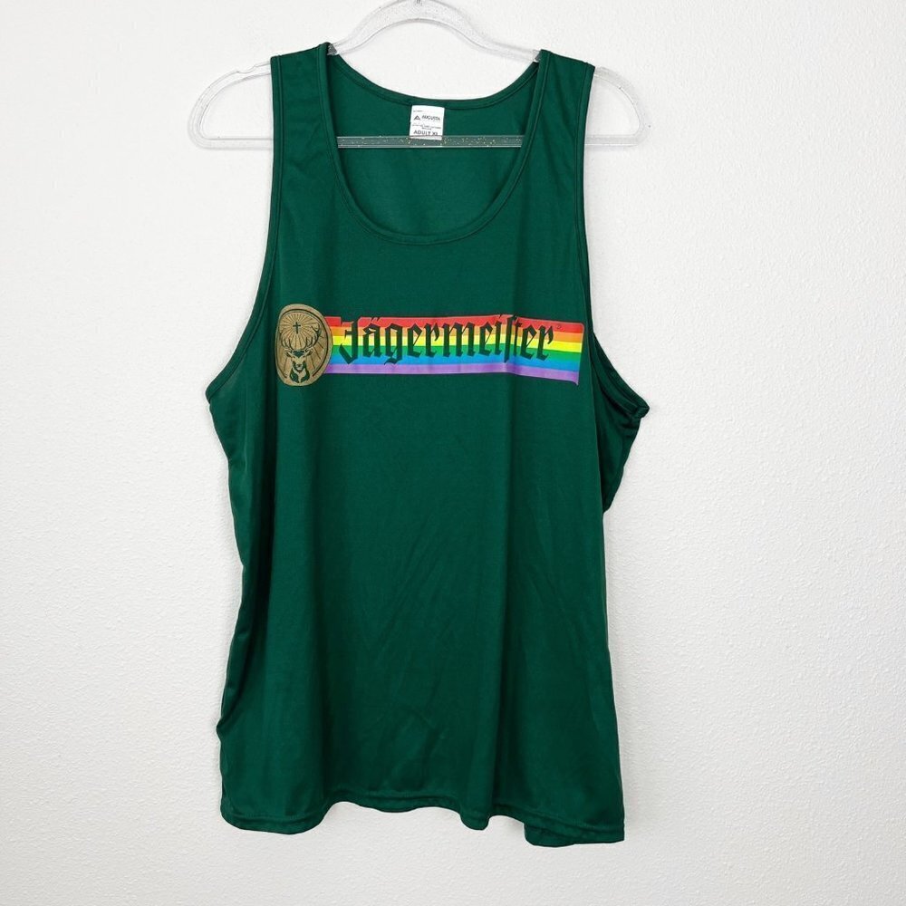 Jagermeister Womens XL Green Rainbow Athletic Graphic Tank Top Moisture Wicking